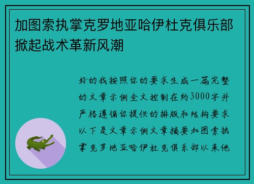 加图索执掌克罗地亚哈伊杜克俱乐部掀起战术革新风潮